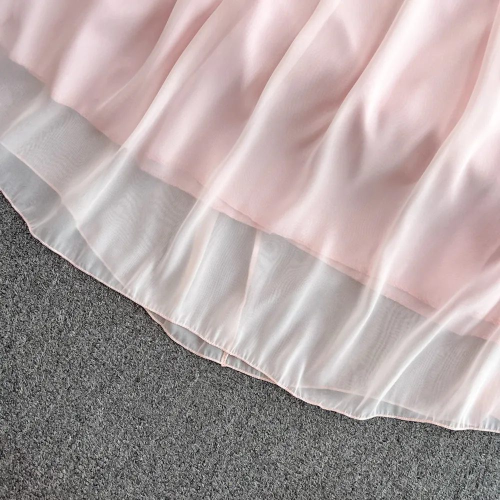 3d Floral Pink Chiffon Halter Dress