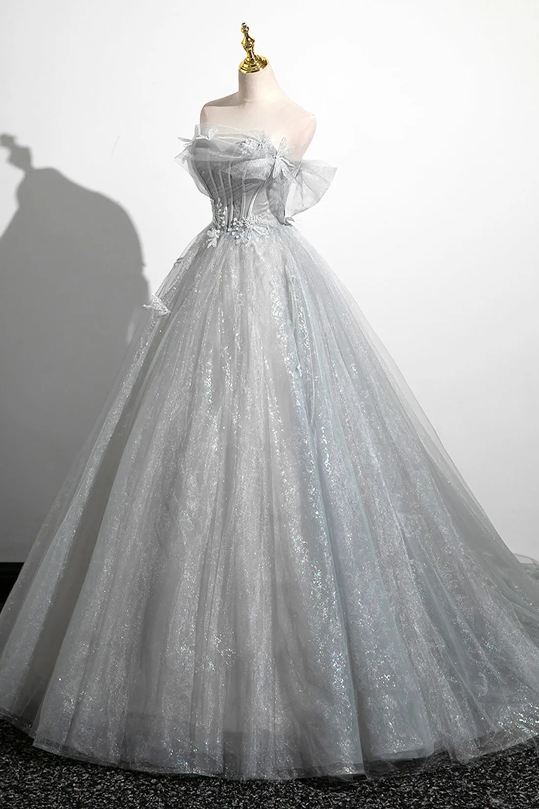 A-Line Off the Shoulder Tulle Prom Dress, Gray Corset Floor Length Party Dress