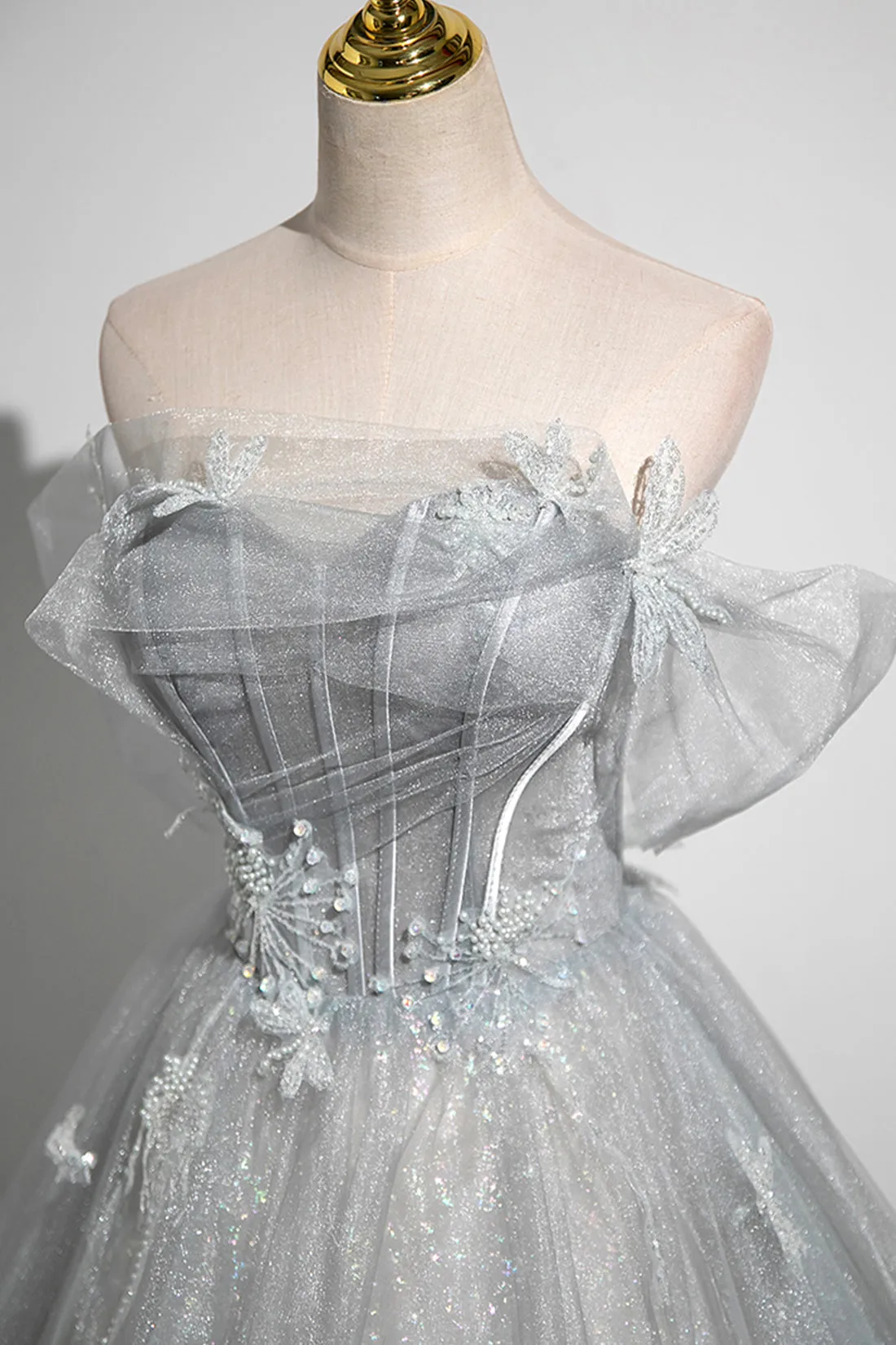 A-Line Off the Shoulder Tulle Prom Dress, Gray Corset Floor Length Party Dress