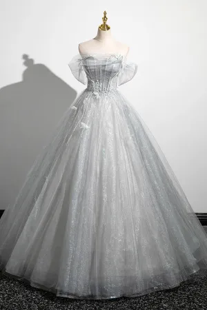 A-Line Off the Shoulder Tulle Prom Dress, Gray Corset Floor Length Party Dress