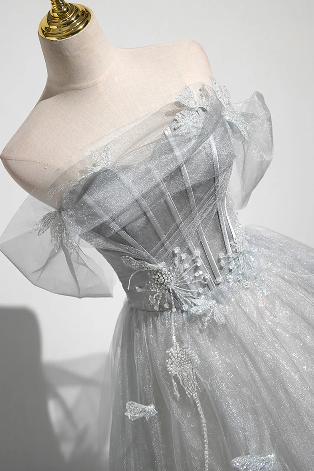 A-Line Off the Shoulder Tulle Prom Dress, Gray Corset Floor Length Party Dress
