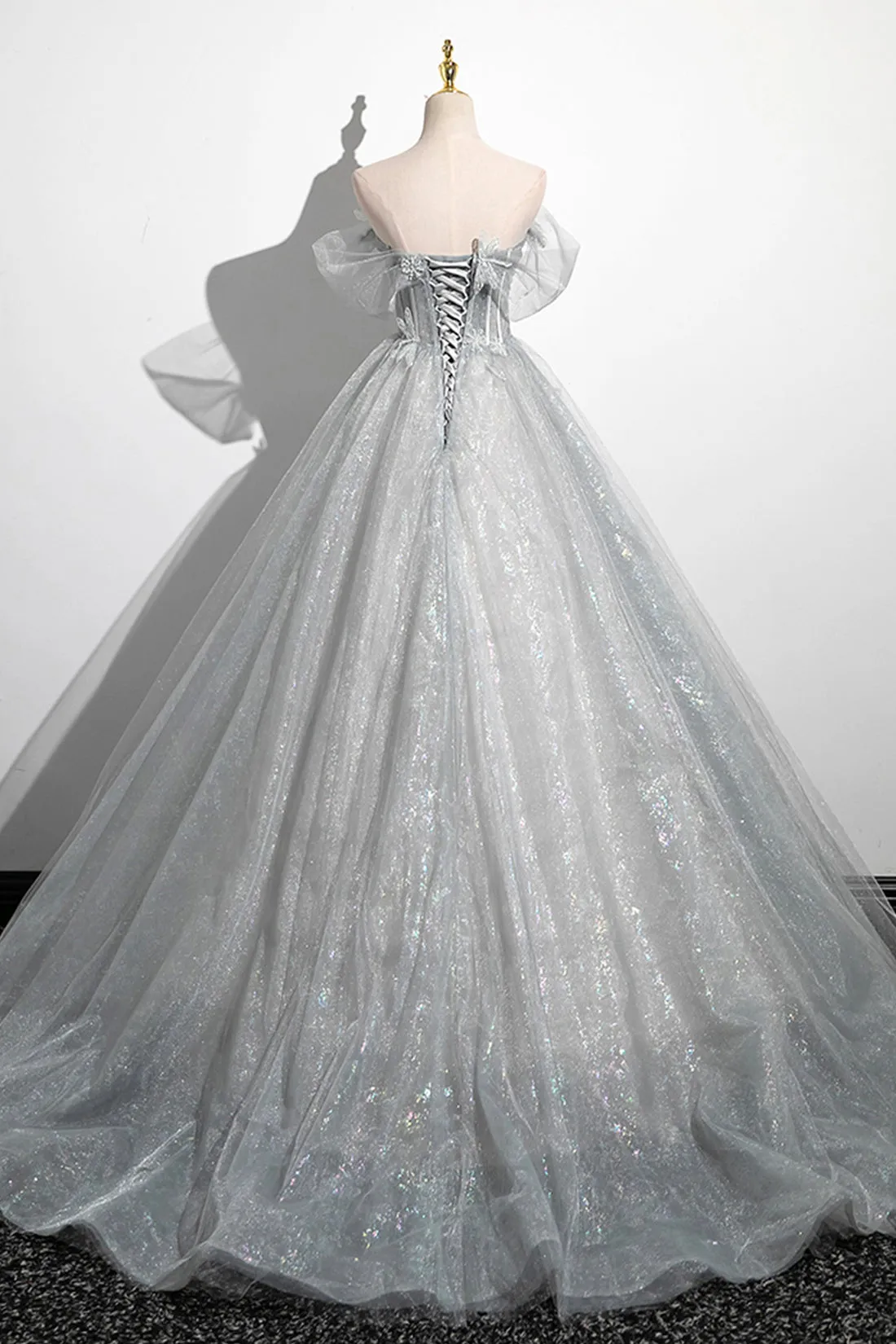A-Line Off the Shoulder Tulle Prom Dress, Gray Corset Floor Length Party Dress