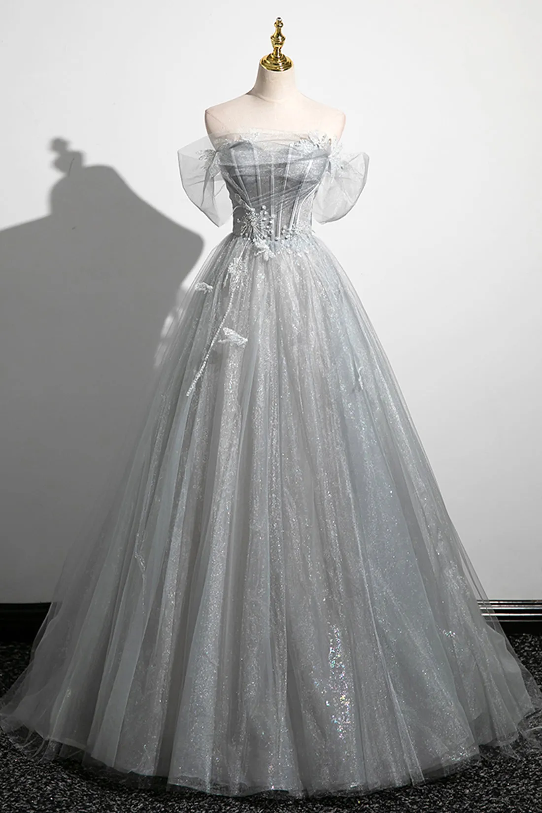 A-Line Off the Shoulder Tulle Prom Dress, Gray Corset Floor Length Party Dress