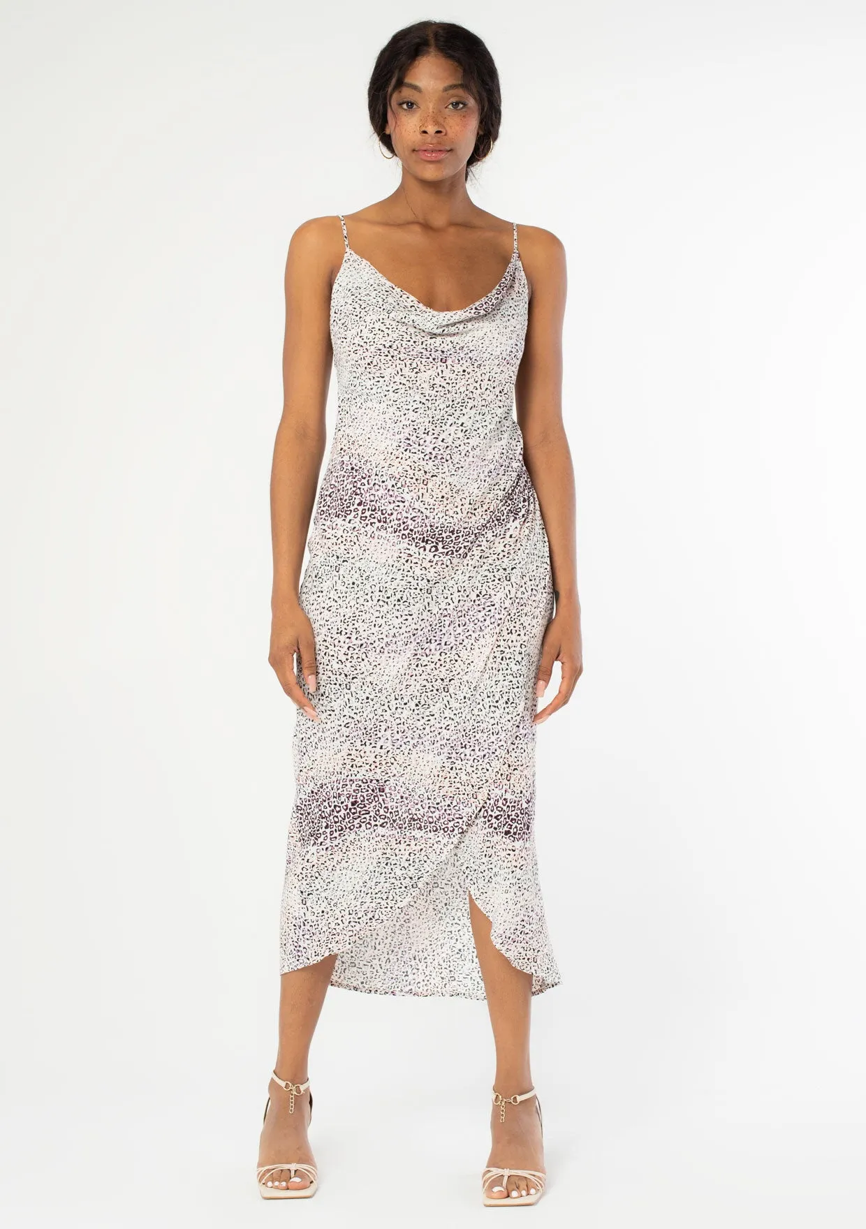 Abstract Animal Print Cowl Neck Midi Dress