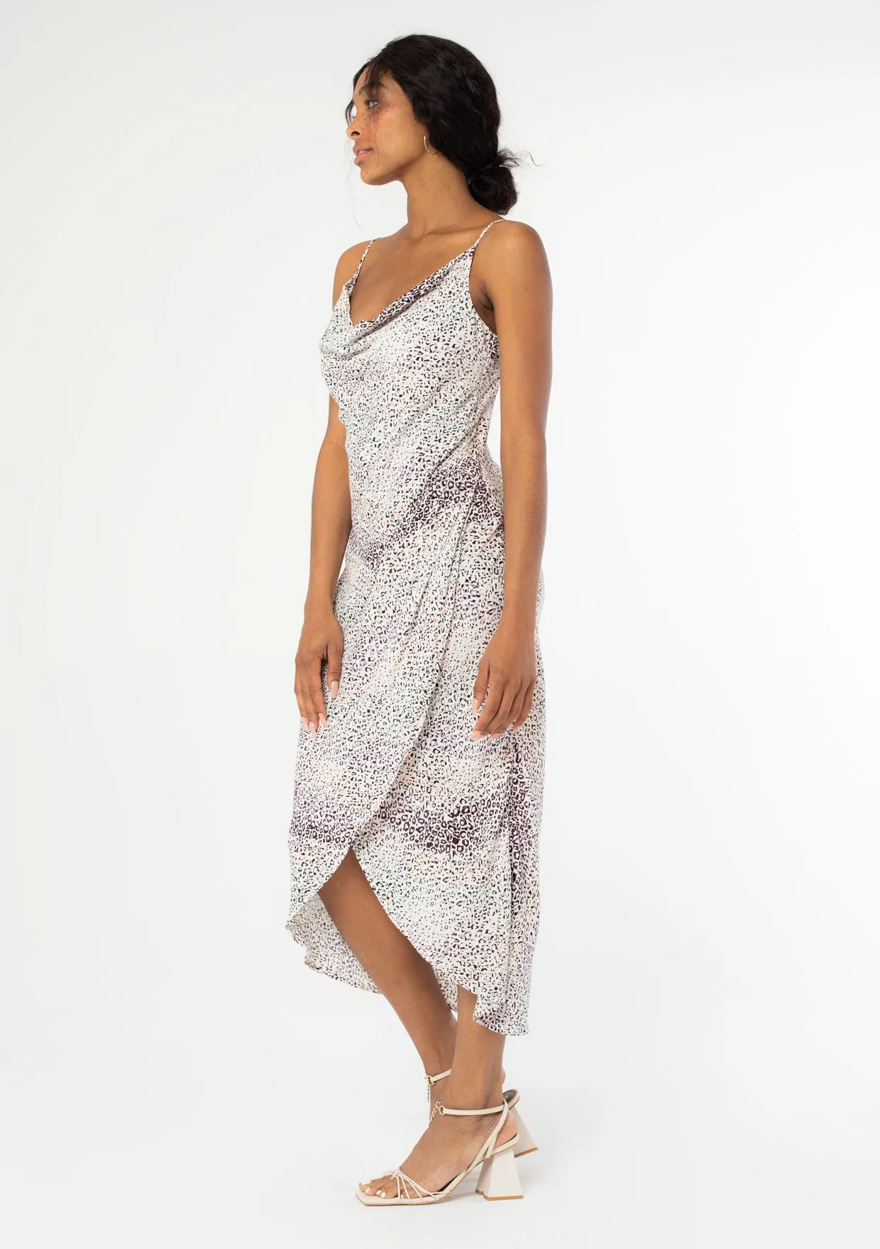Abstract Animal Print Cowl Neck Midi Dress