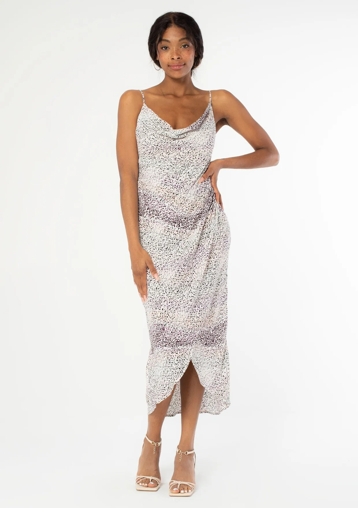 Abstract Animal Print Cowl Neck Midi Dress