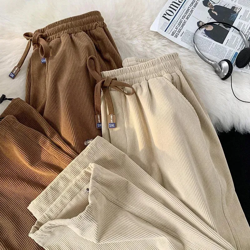 ADVBRIDGE Men Spring Autumn Retro Drawstring Loose Sports Pants Male Loose Wide Leg Pants Men Corduroy Straight Casual Trousers H553