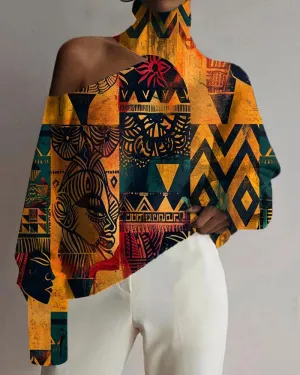 Afro-inspired Vintage Print Turtleneck Long-sleeved Top