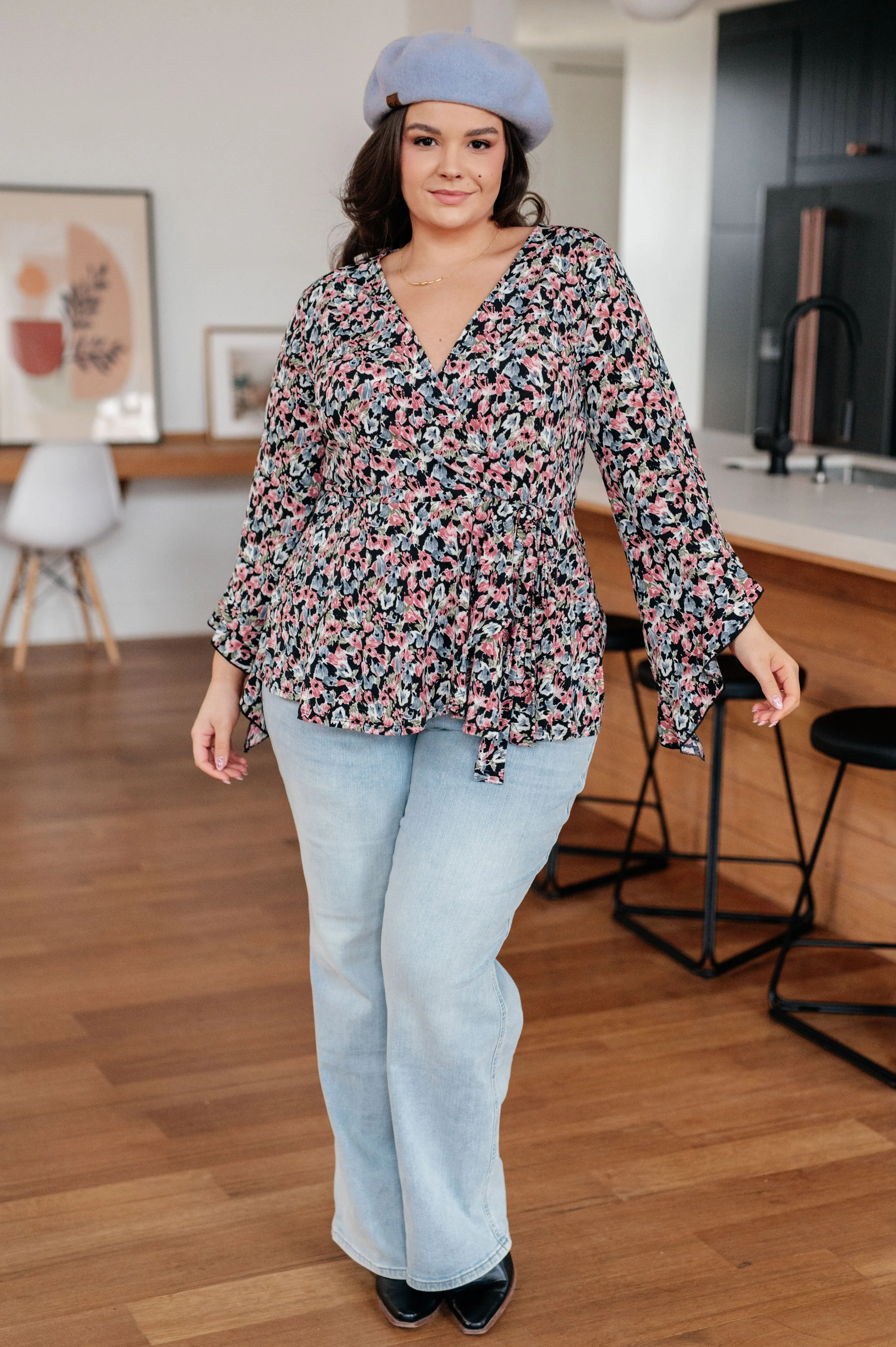 Angel Sleeve Top in Black Floral