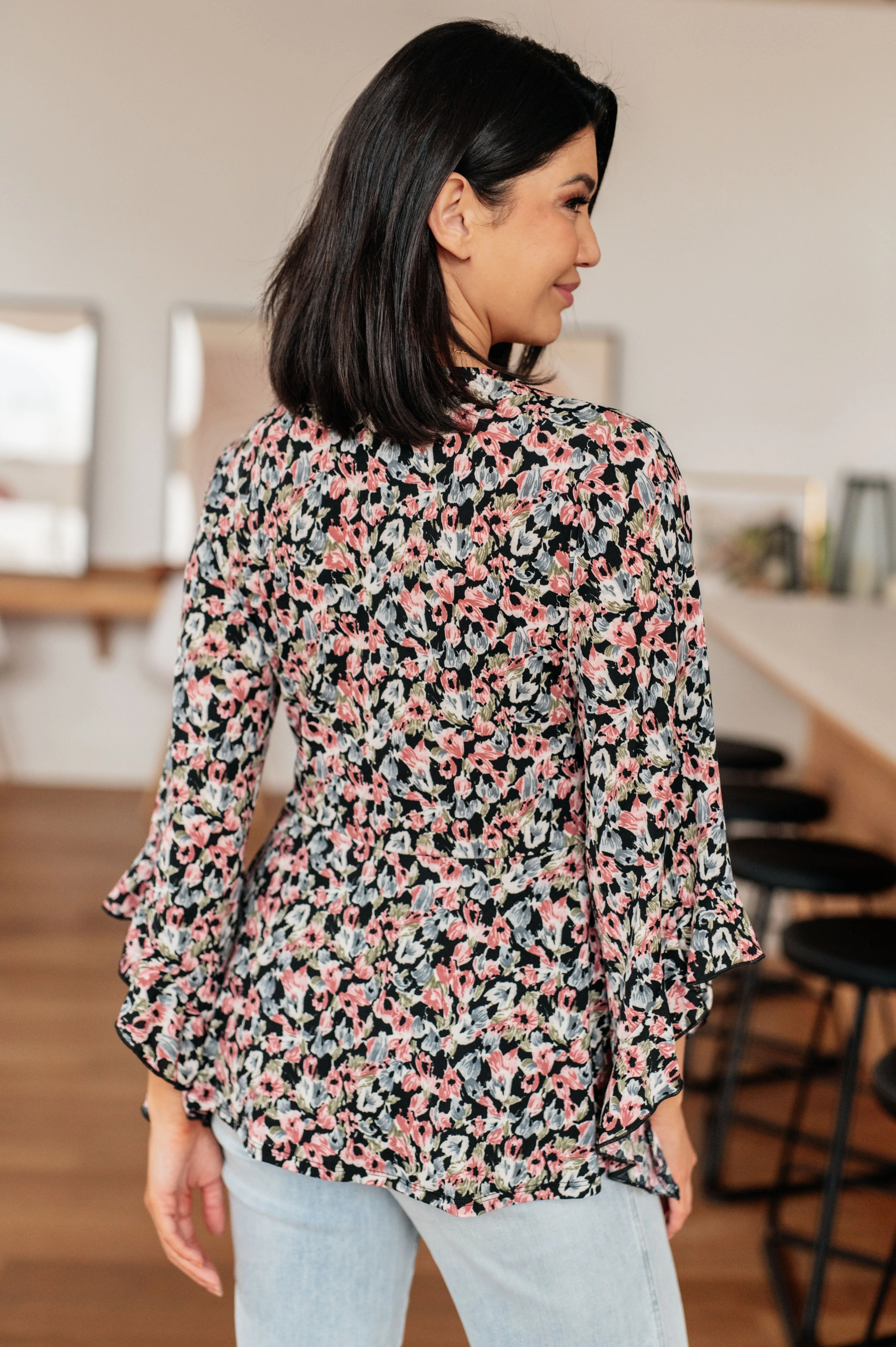 Angel Sleeve Top in Black Floral