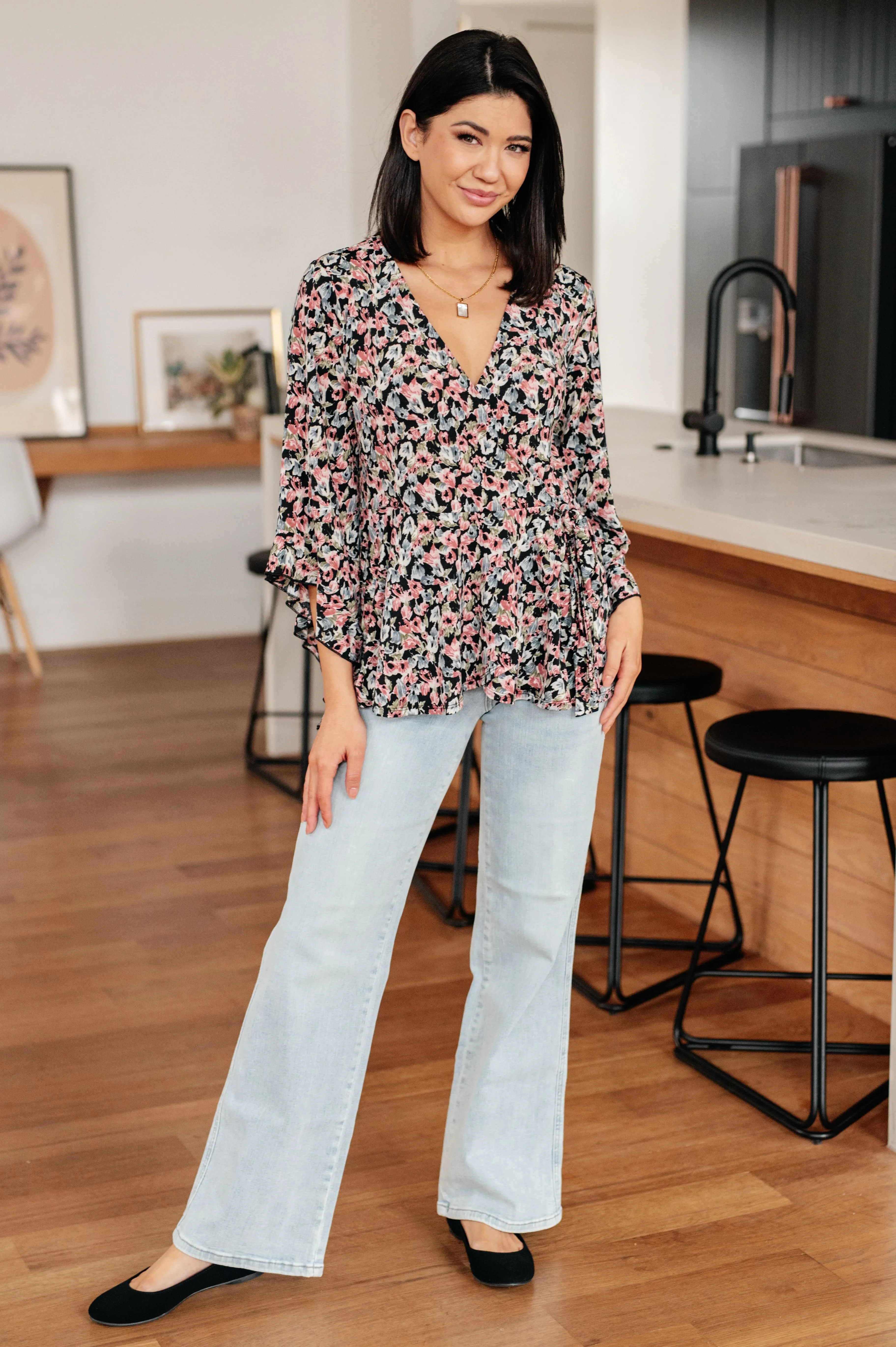 Angel Sleeve Top in Black Floral