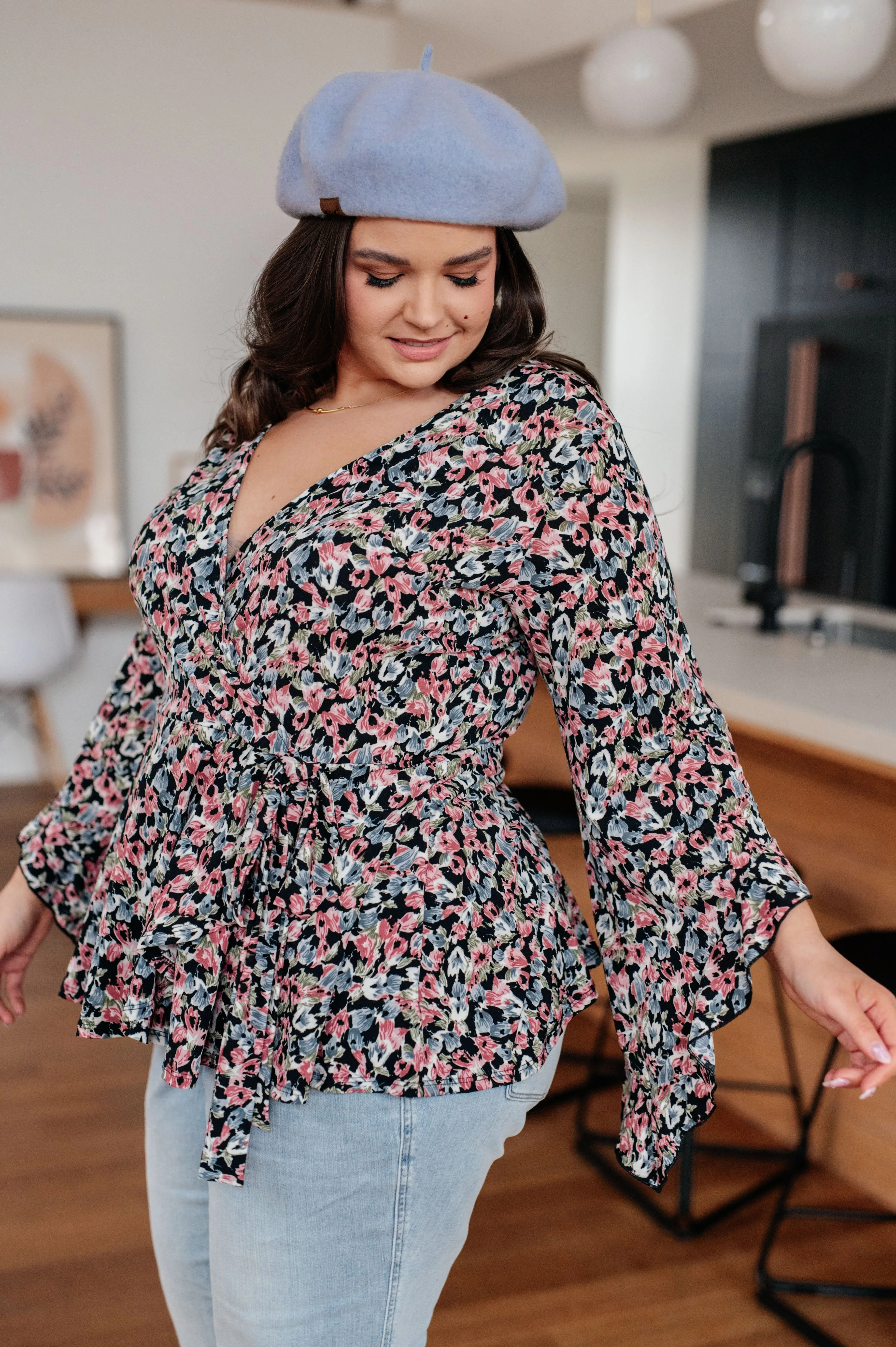 Angel Sleeve Top in Black Floral