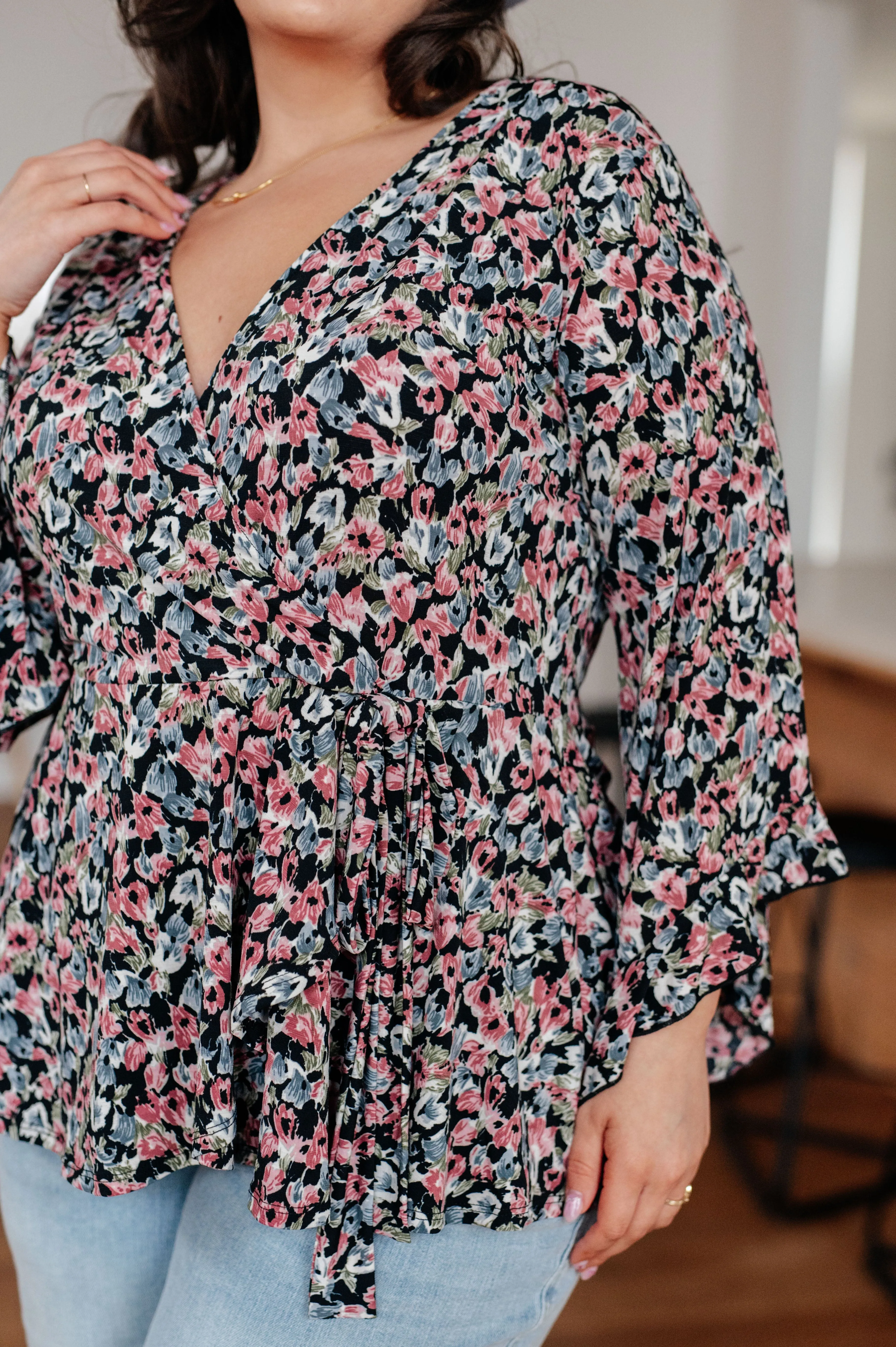 Angel Sleeve Top in Black Floral