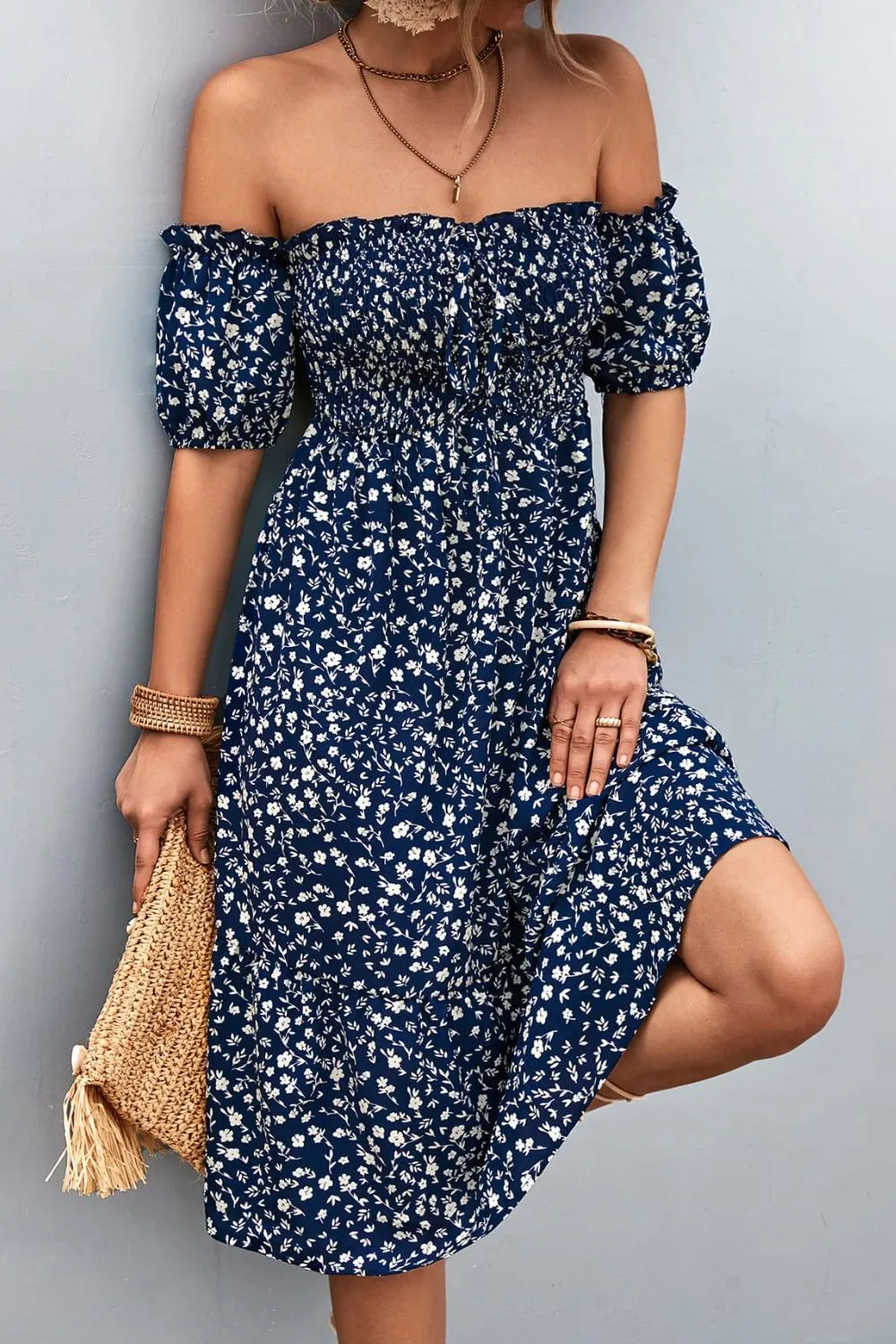 *APP EXCLUSIVE* Ditsy Floral Smocked Cold Shoulder Dress