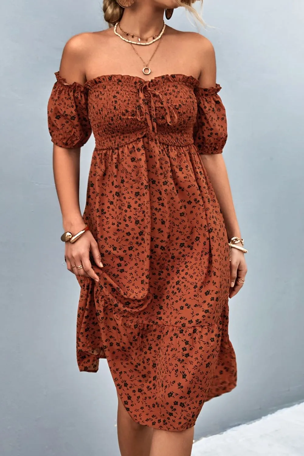 *APP EXCLUSIVE* Ditsy Floral Smocked Cold Shoulder Dress