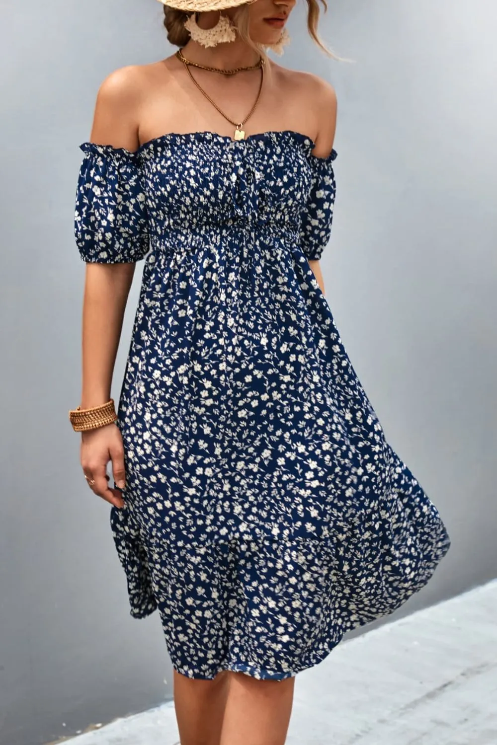 *APP EXCLUSIVE* Ditsy Floral Smocked Cold Shoulder Dress