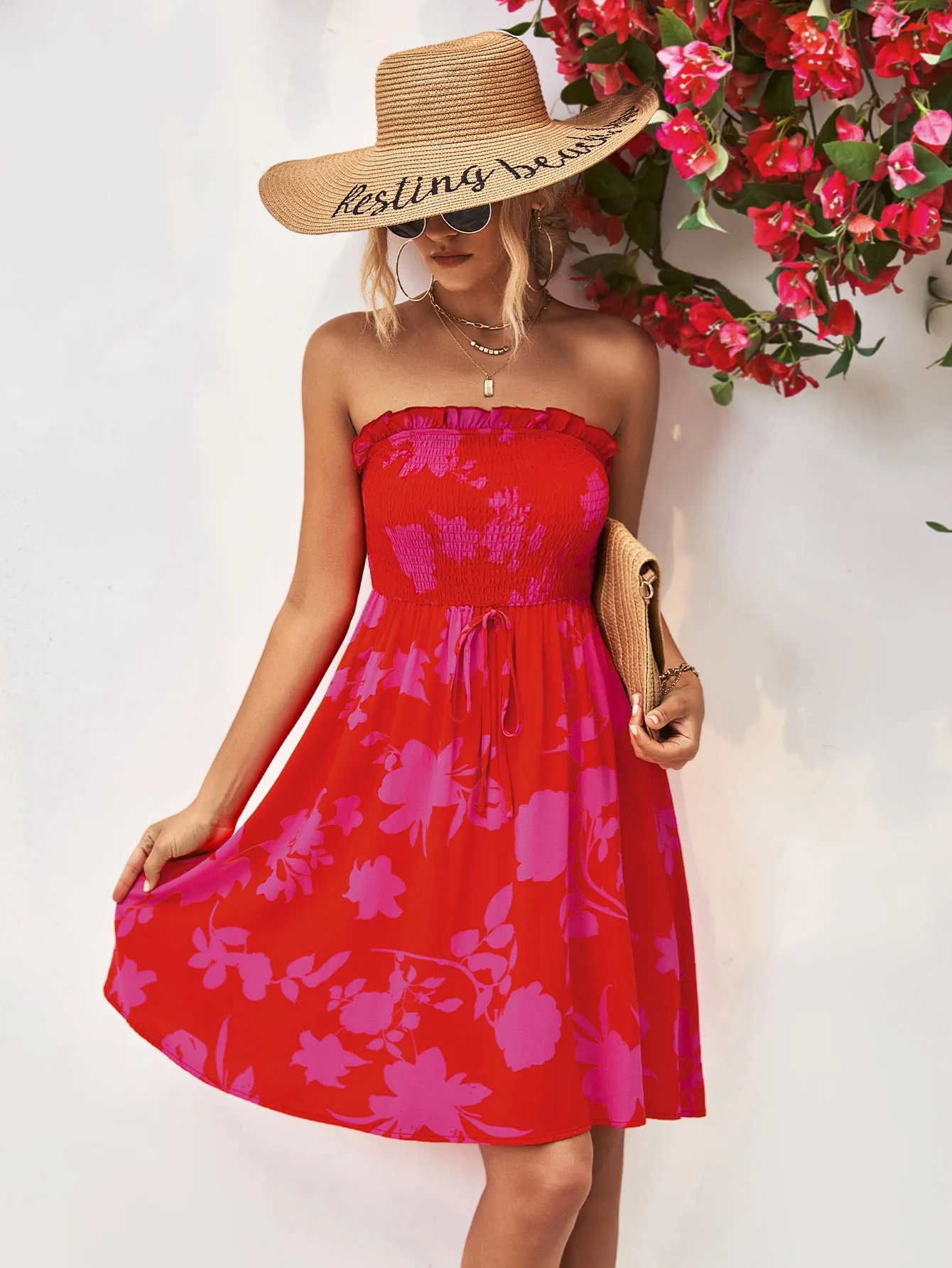 *APP EXCLUSIVE* Floral Frill Trim Strapless Smocked Dress