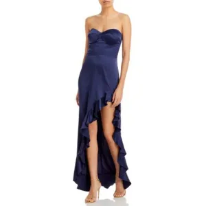 AQUA Ladies Navy Blue Strapless Ruffle Maxi Dress, High Slit in Leg, M, NWT!