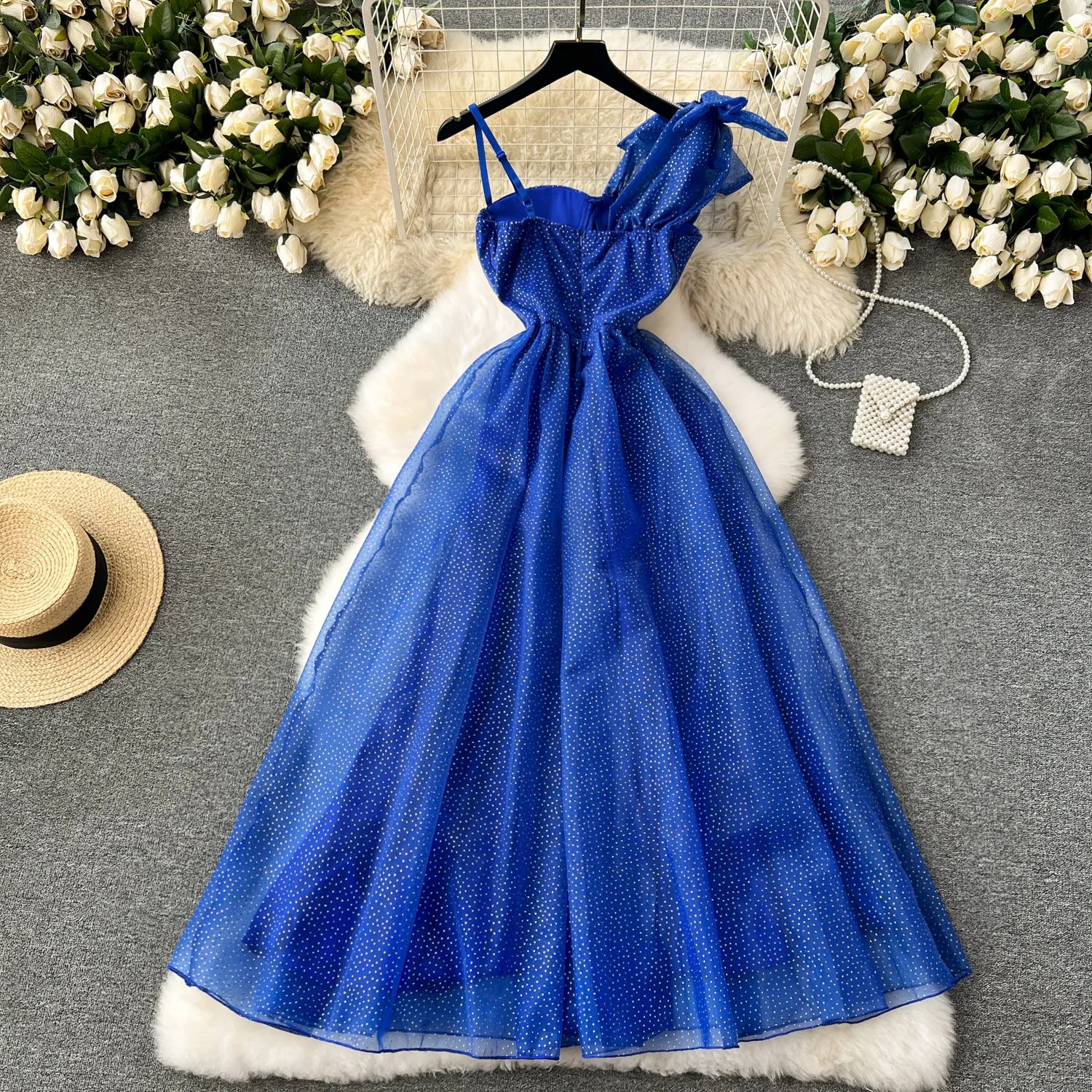 Asymmetric Rhinestone Studded Slip Dress
