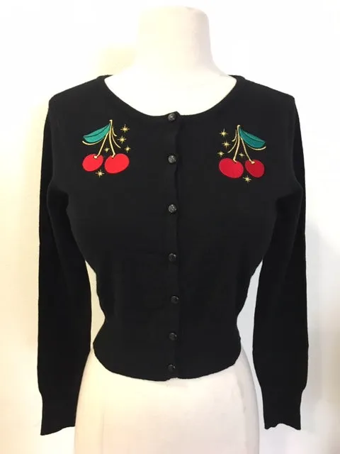 Atomic Cherry Embroidered Cardigan in Black