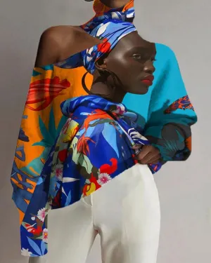Black Girl Ethnic Art Vintage Print High Neck Long Sleeve Top
