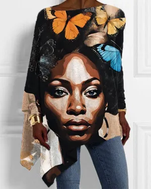 Black Girl Oil Painting Flower Print Irregular Ladies Top