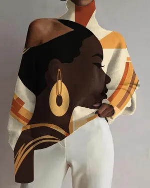 Black Girl's Off-shoulder Dress with Oil Painting and Color Matching Print