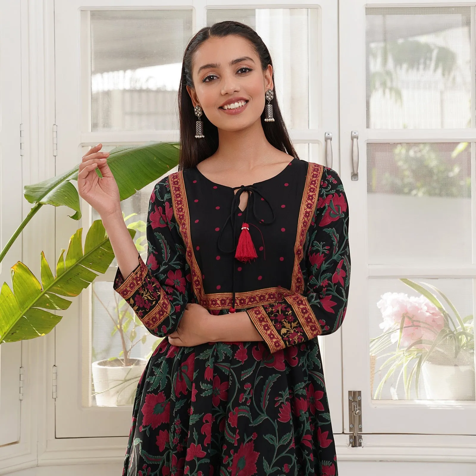 Black Rayon Floral Dress with Hem Details
