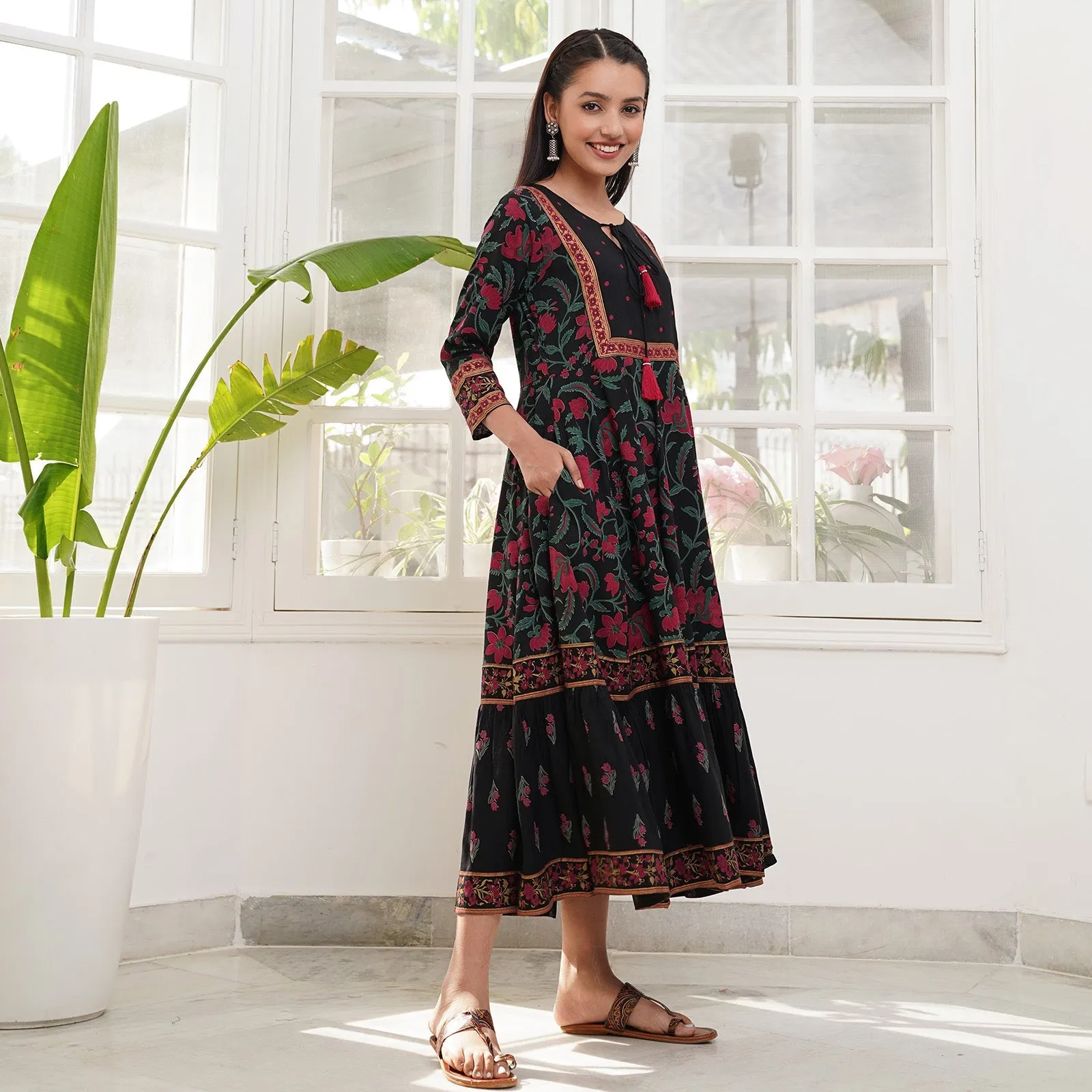 Black Rayon Floral Dress with Hem Details
