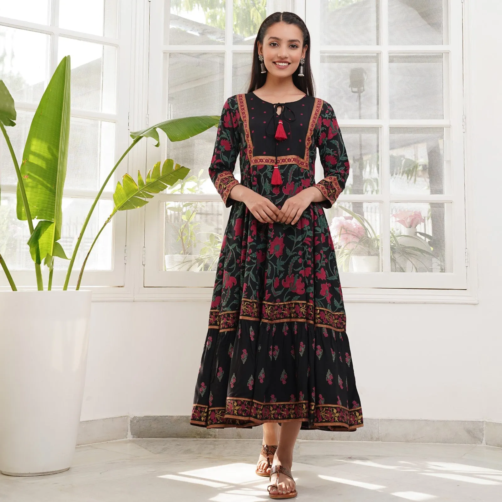 Black Rayon Floral Dress with Hem Details