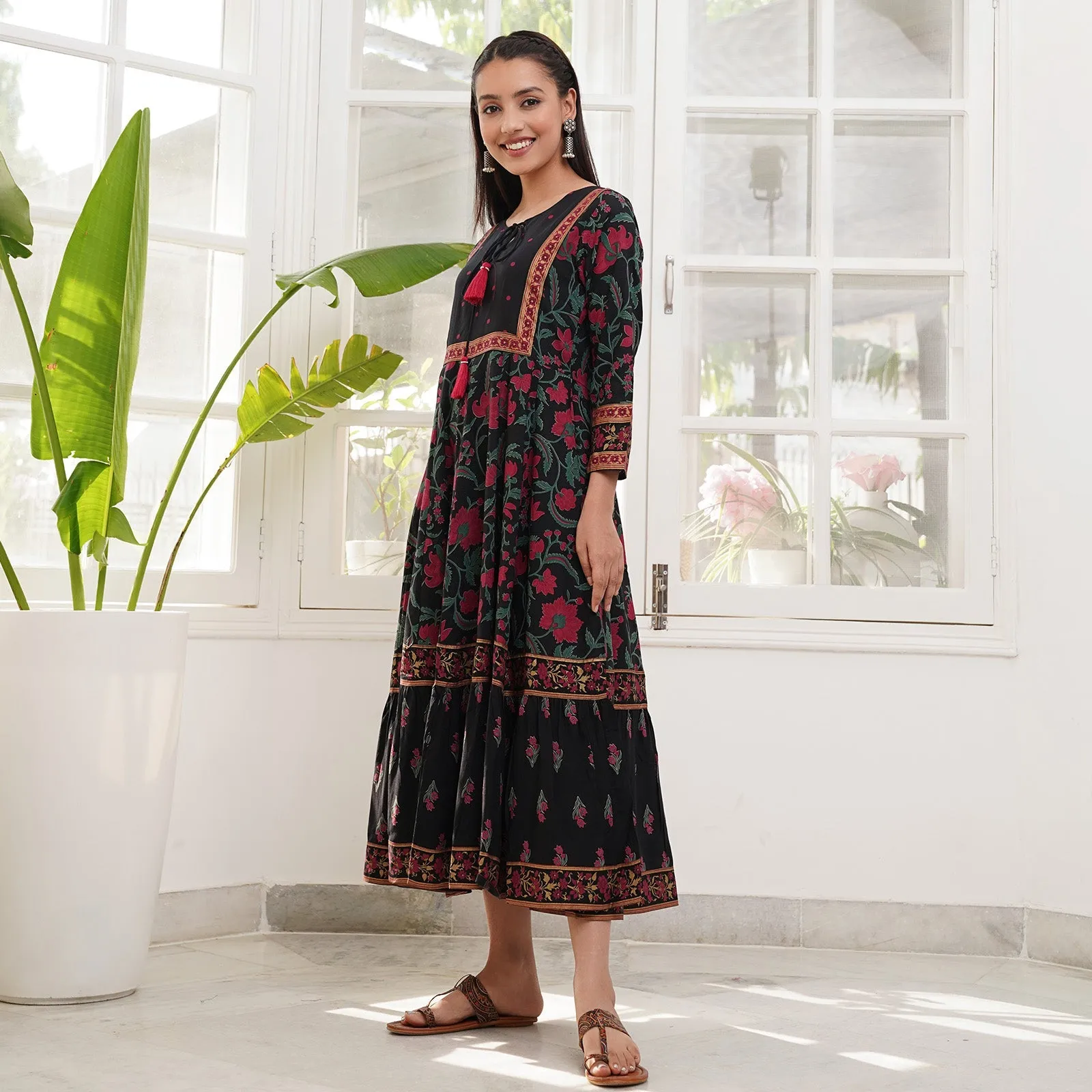 Black Rayon Floral Dress with Hem Details