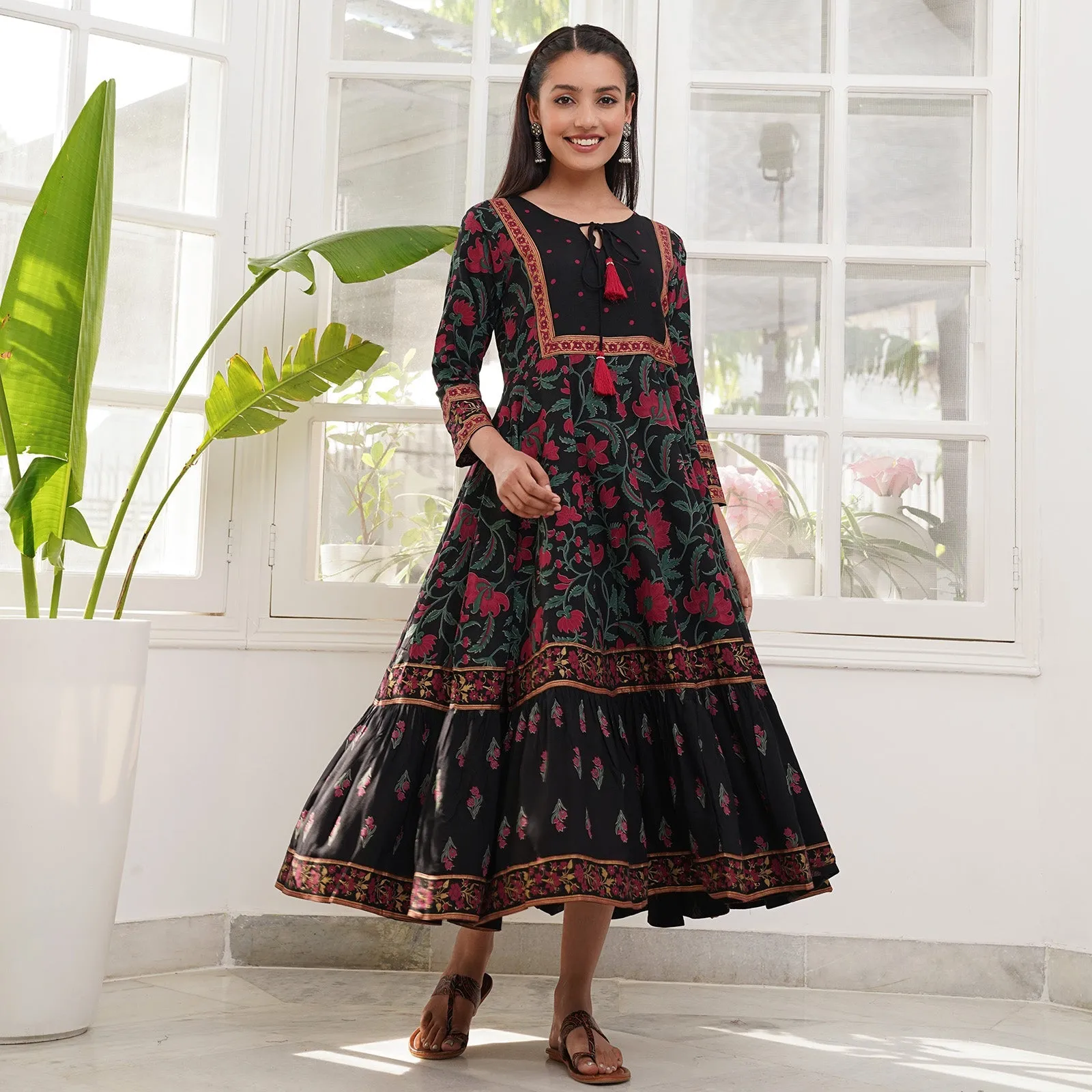 Black Rayon Floral Dress with Hem Details
