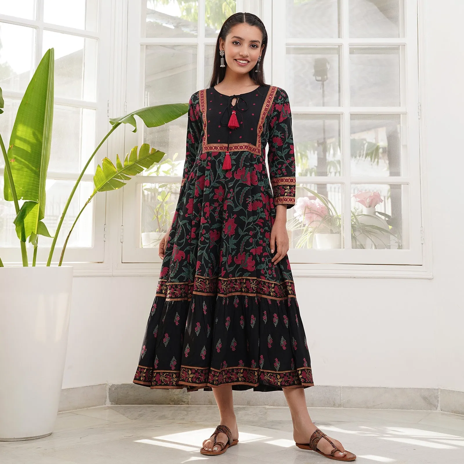 Black Rayon Floral Dress with Hem Details
