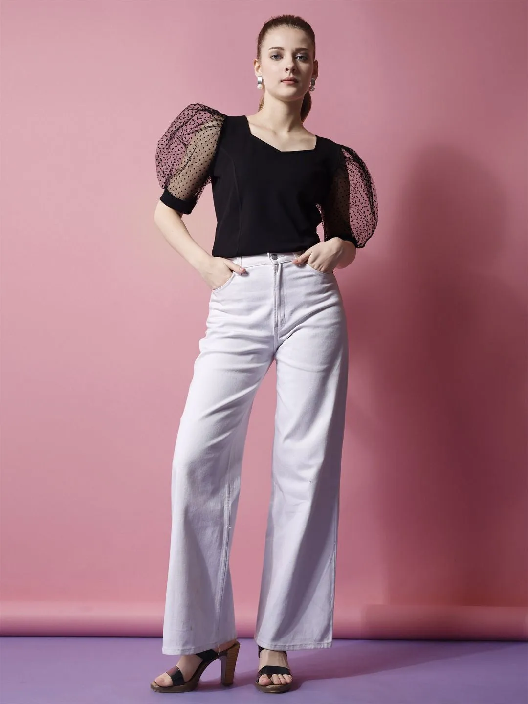 Black solid Sweetheart Neck Top