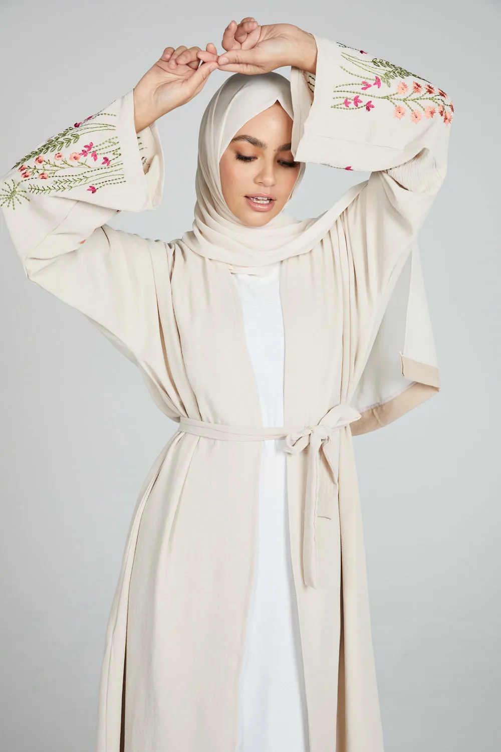 Blooming Embroidered Four Piece Open Abaya Set - Natural