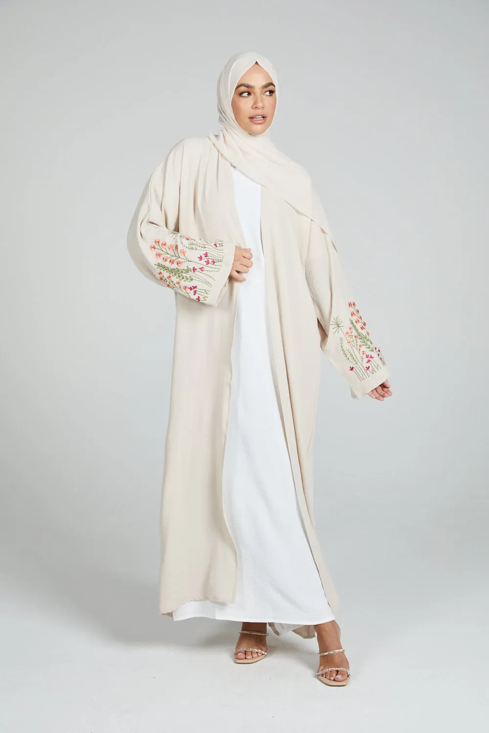 Blooming Embroidered Four Piece Open Abaya Set - Natural