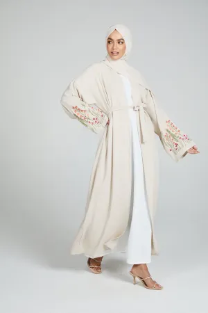 Blooming Embroidered Four Piece Open Abaya Set - Natural