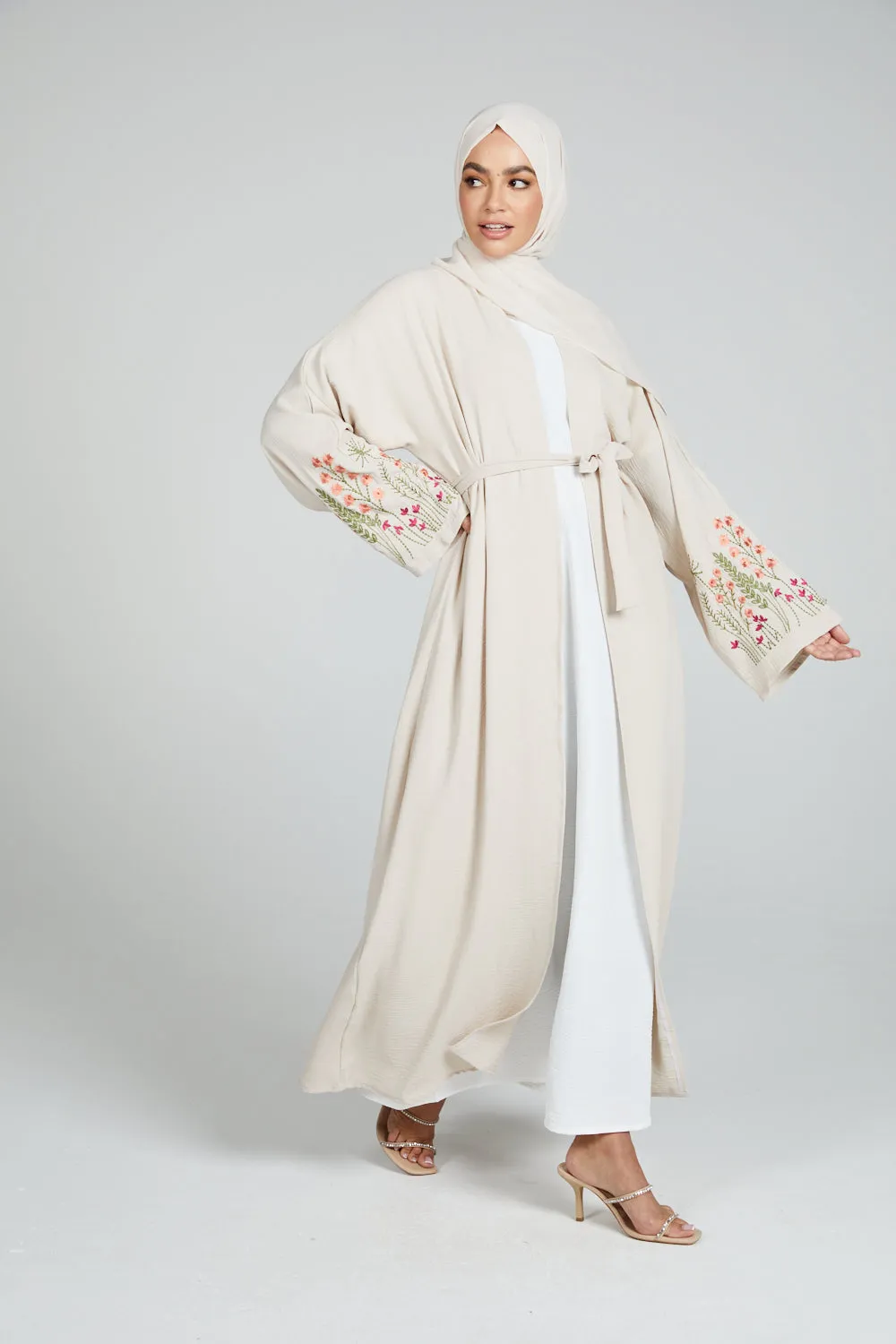 Blooming Embroidered Four Piece Open Abaya Set - Natural
