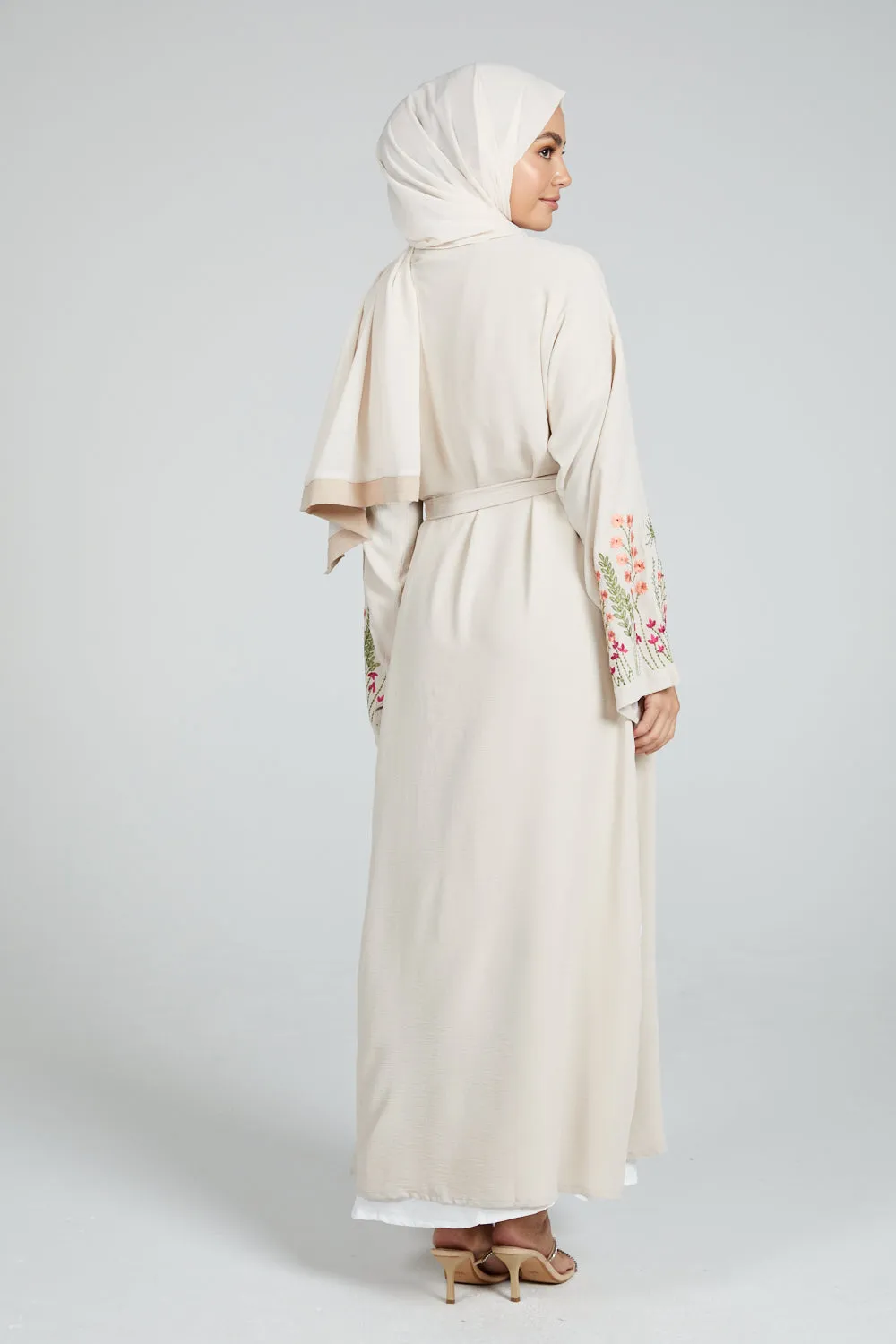 Blooming Embroidered Four Piece Open Abaya Set - Natural