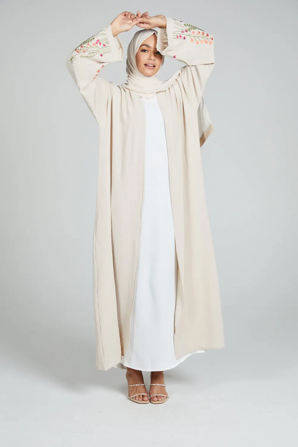 Blooming Embroidered Four Piece Open Abaya Set - Natural