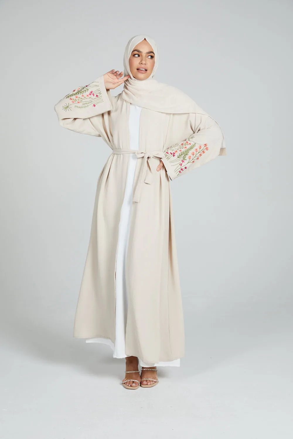 Blooming Embroidered Four Piece Open Abaya Set - Natural
