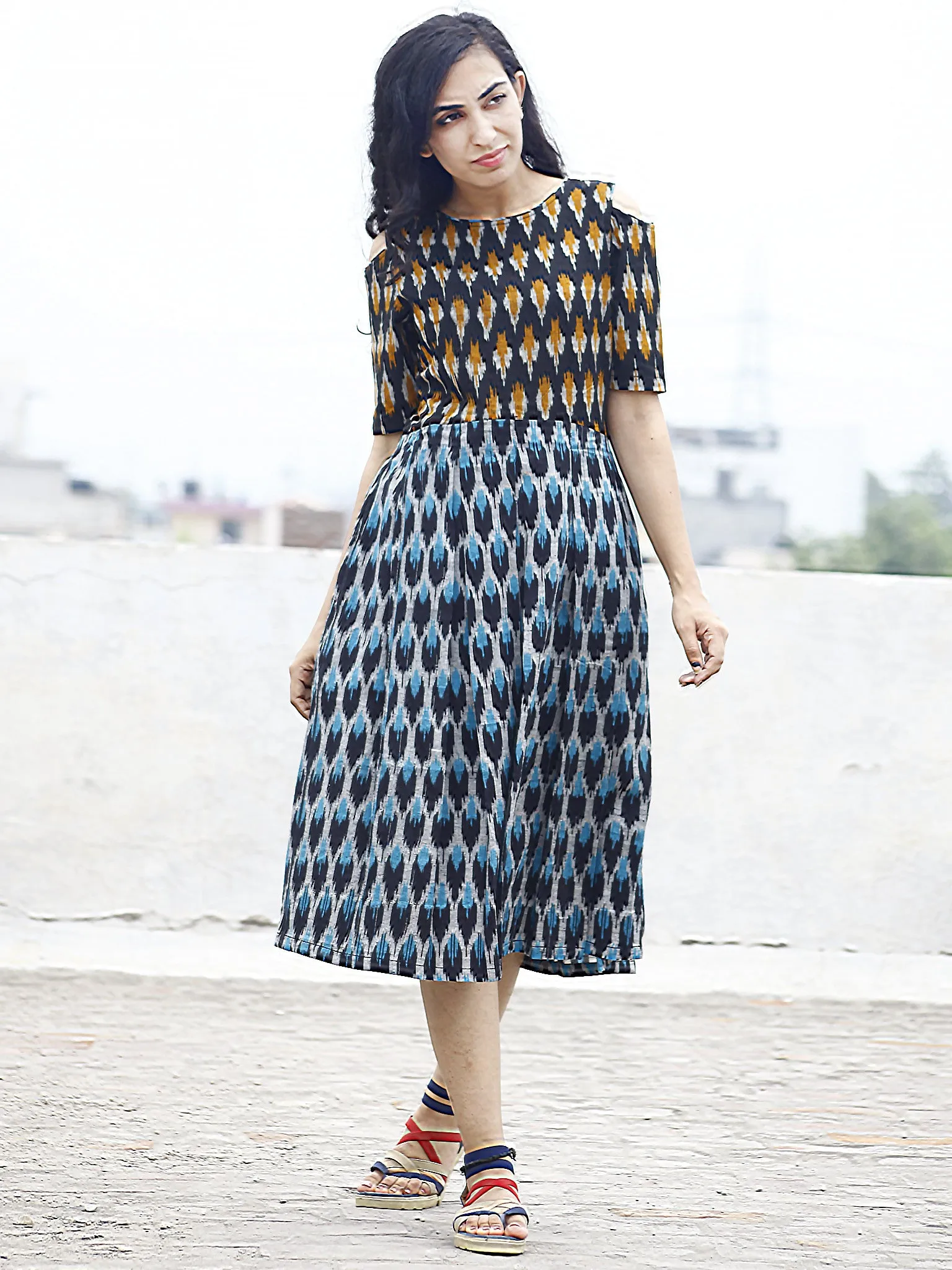 Blue Black Ivory Orange Handwoven Ikat Pleated Cold Shoulders Dress With Side Pockets & Back Zip - D81F804