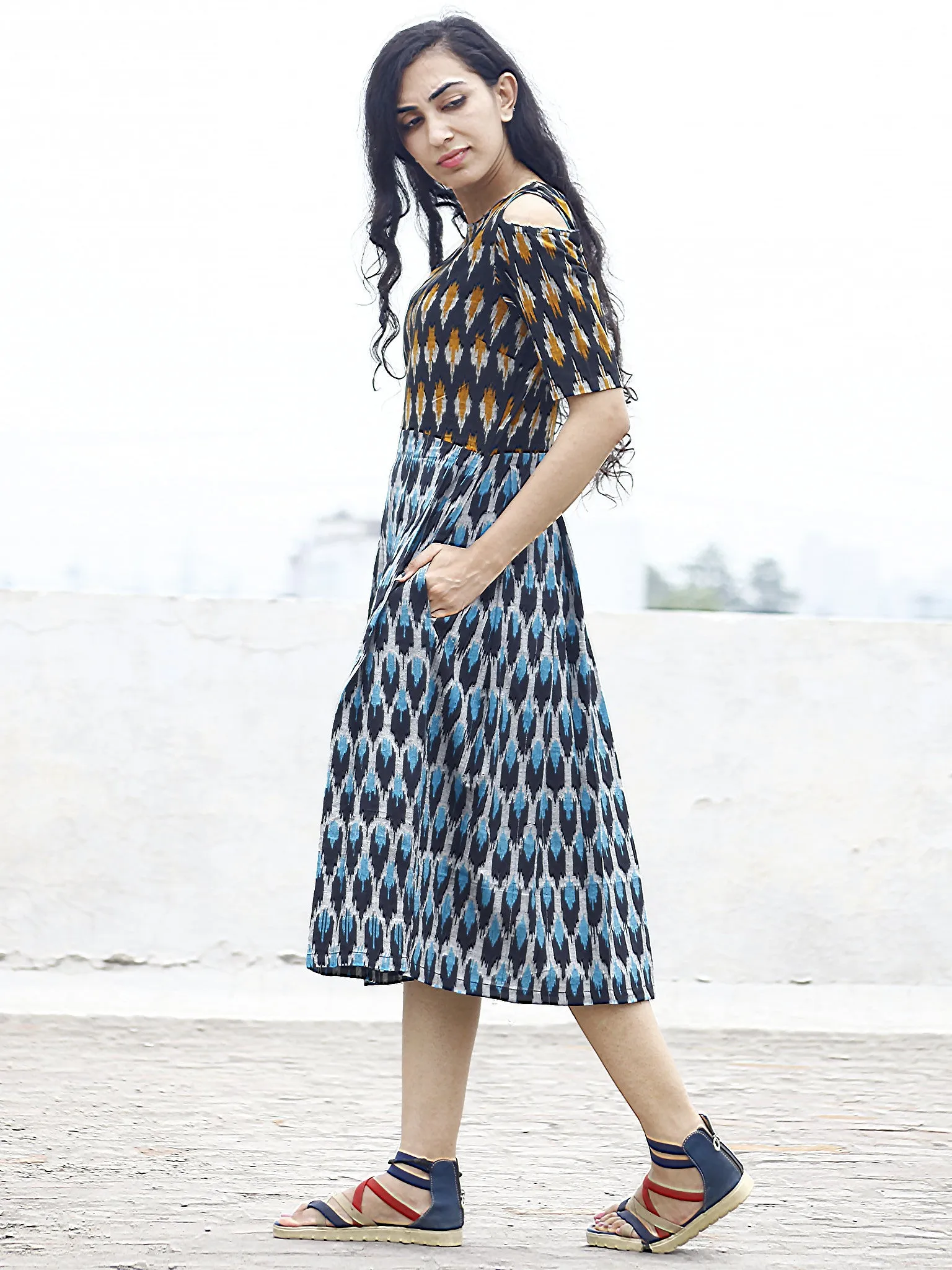 Blue Black Ivory Orange Handwoven Ikat Pleated Cold Shoulders Dress With Side Pockets & Back Zip - D81F804