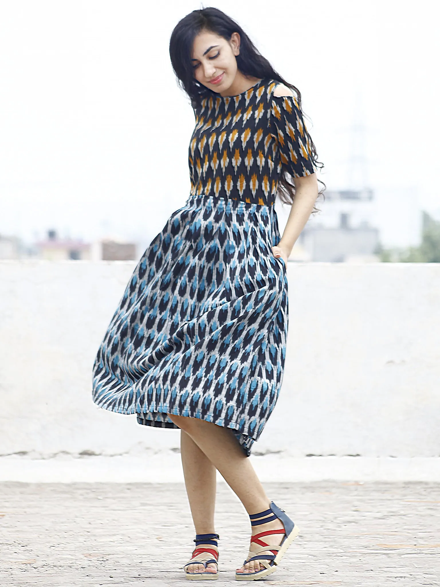 Blue Black Ivory Orange Handwoven Ikat Pleated Cold Shoulders Dress With Side Pockets & Back Zip - D81F804