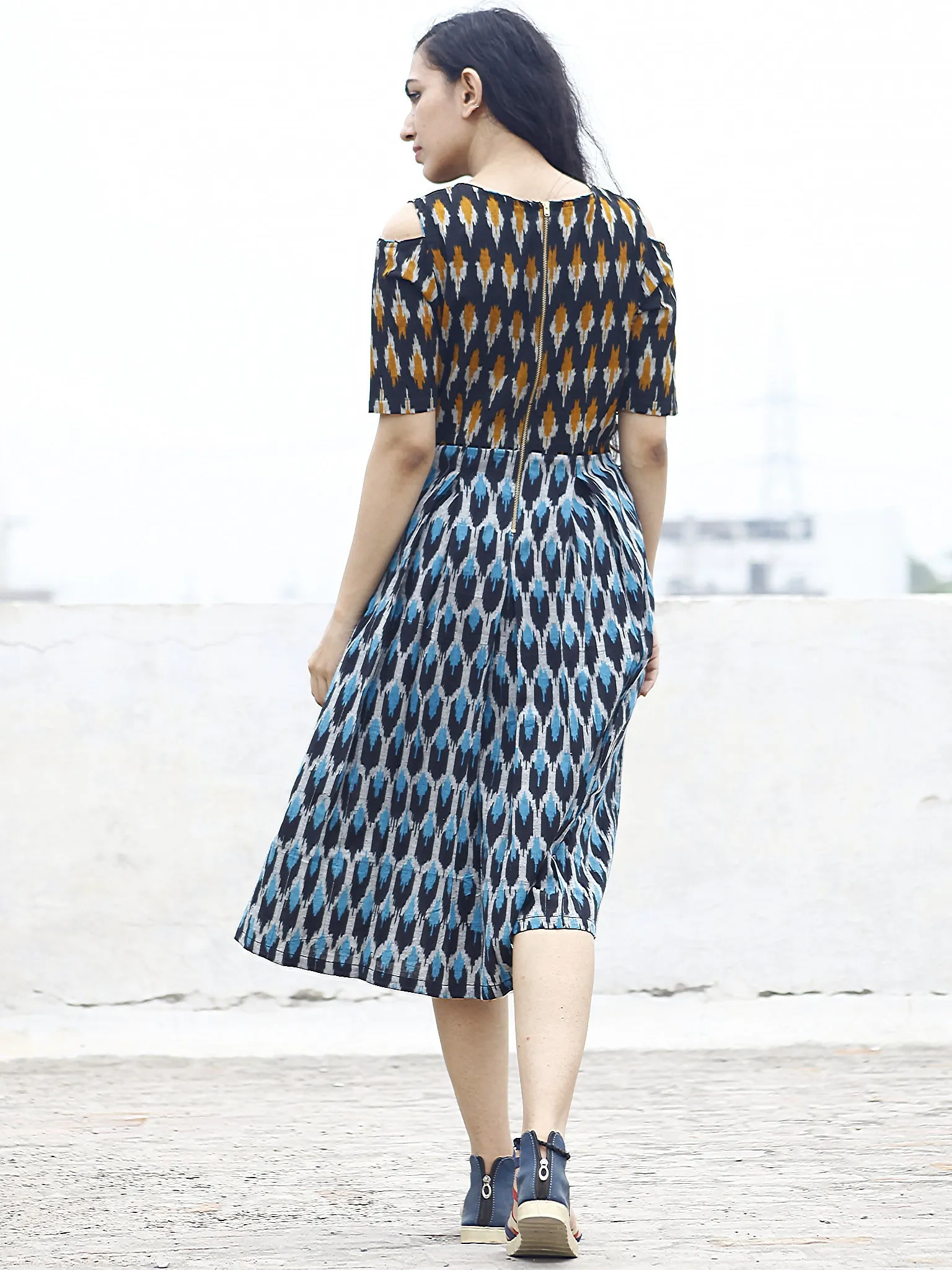 Blue Black Ivory Orange Handwoven Ikat Pleated Cold Shoulders Dress With Side Pockets & Back Zip - D81F804