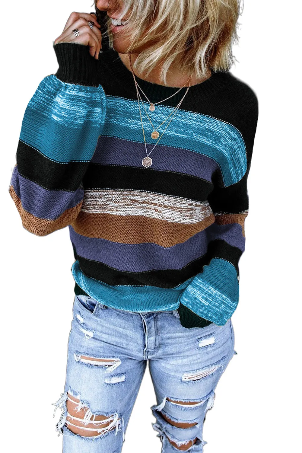 Blue Color Block Highlight Balloon Sleeve Sweater