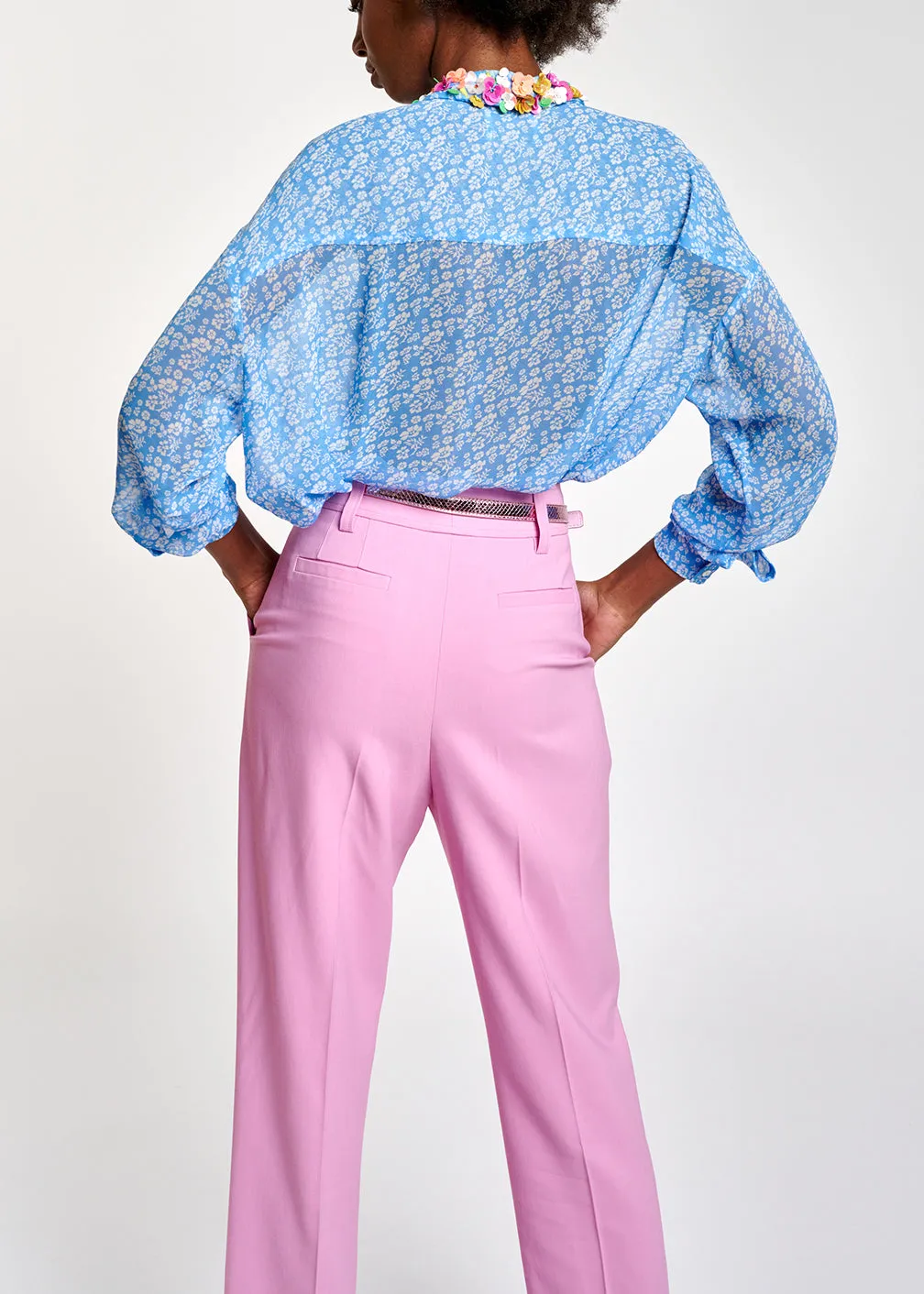 Blue floral-print shirt with sequin collar