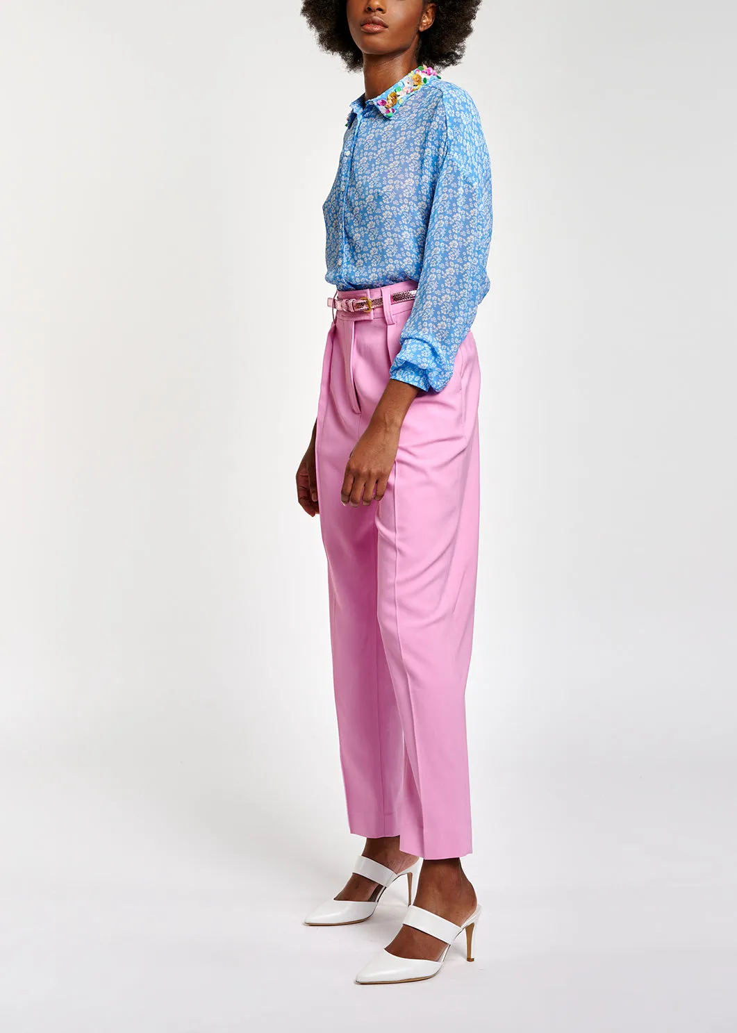 Blue floral-print shirt with sequin collar