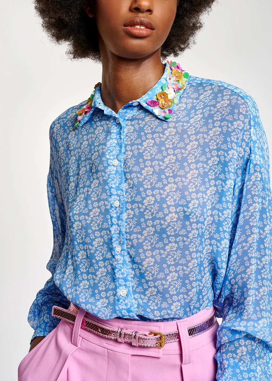 Blue floral-print shirt with sequin collar