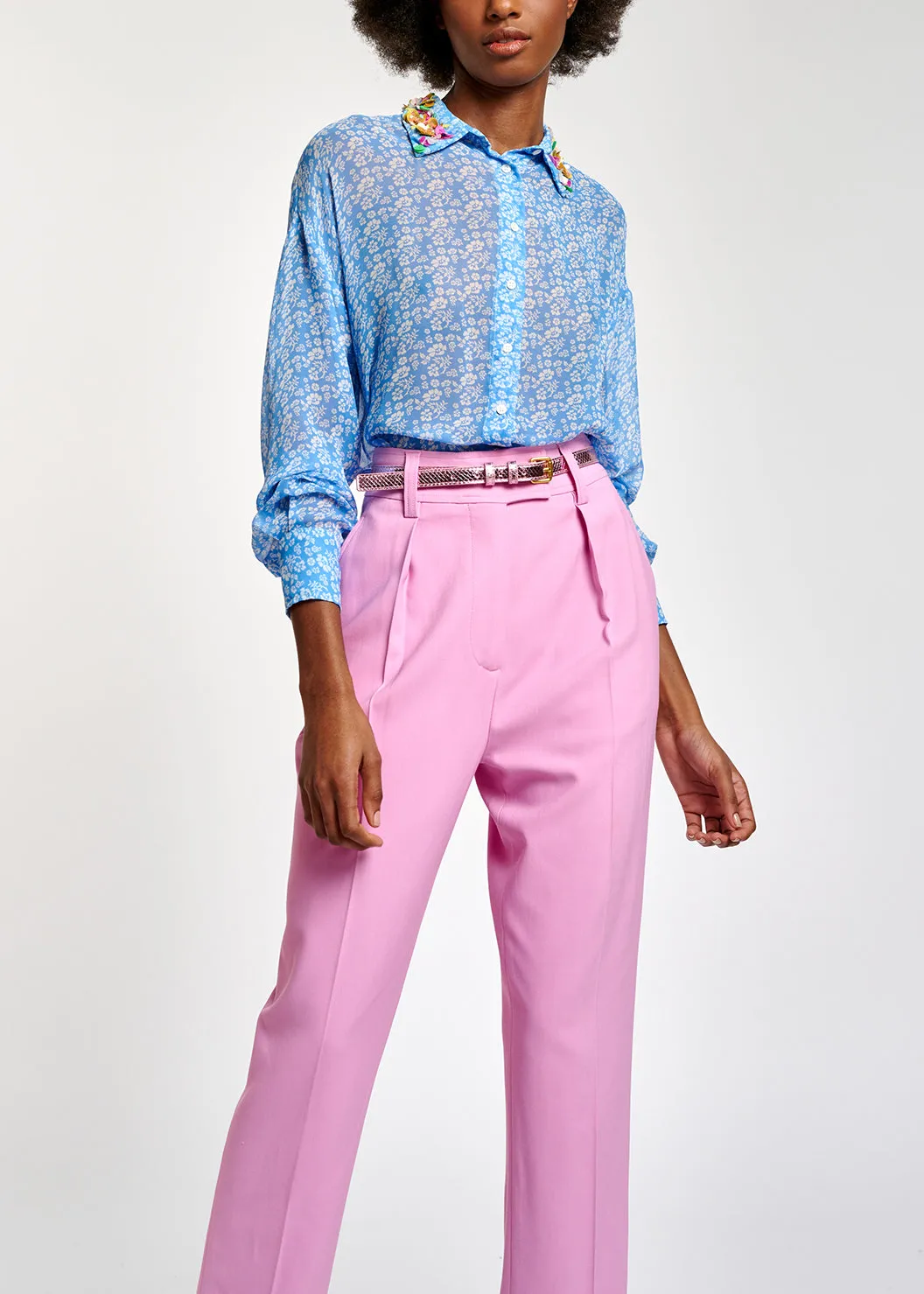 Blue floral-print shirt with sequin collar